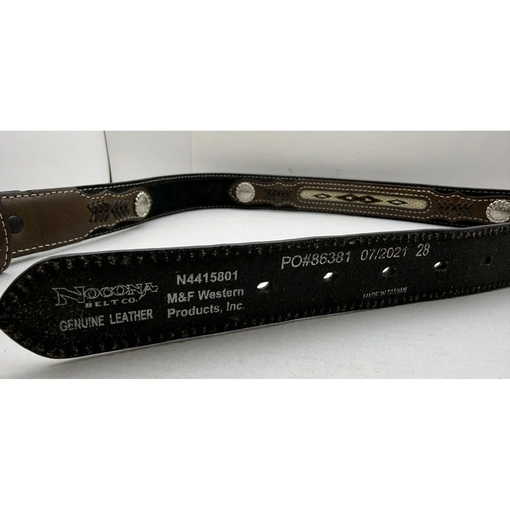 Nocona Belt Co Brown Leather Western‎ Horsehair Inlay Concho Belt SZ 28 N441580